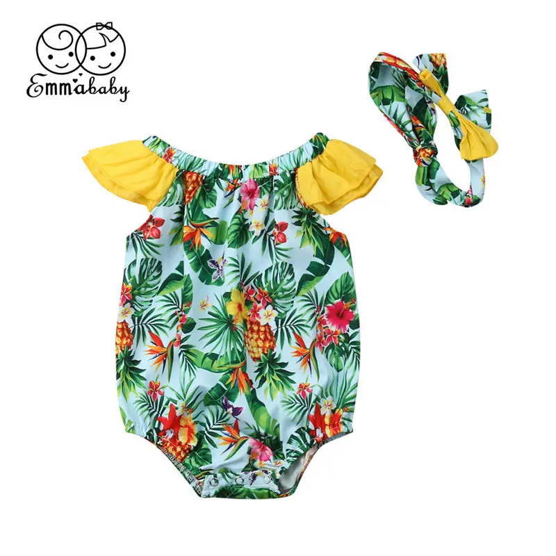 

Newborn Baby Girls Bodysuit Summer Kids Clothes Toddler Pineapple Leaves Print Bodysuit Infant Jumpsuit+Headband 2pcs 0-2T