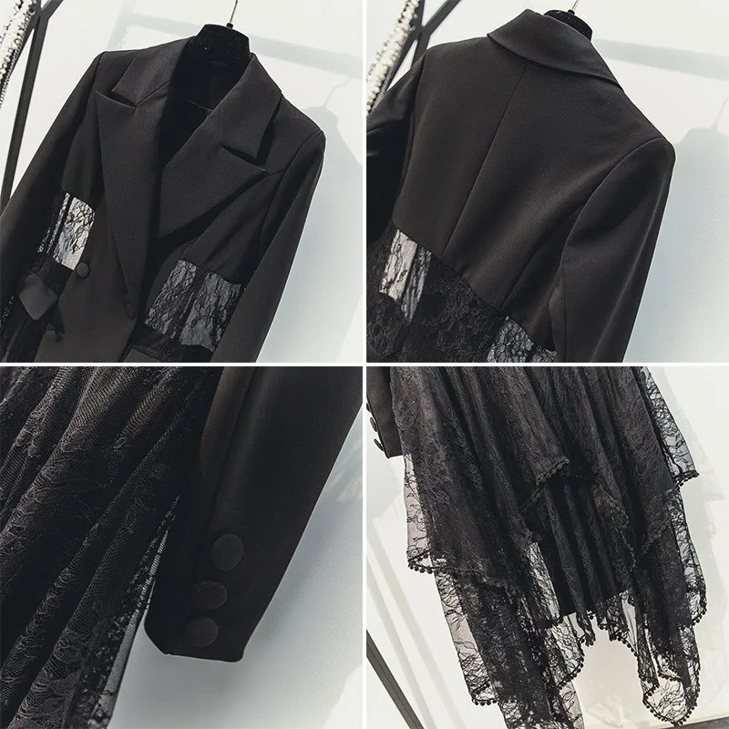 Women Long Sleeve Lace Spliced Double Breasted Blazer Coats Elegant Irregular Long Blazer Jackets Runway Hollow Out Long Blazer
