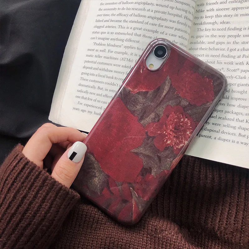 Luxury Retro Wine red Rose Flower Korean Phone Case For iPhone 7 Puls 6 6S 8 X XS Max XR Cases Soft Silicone Cover Capa |