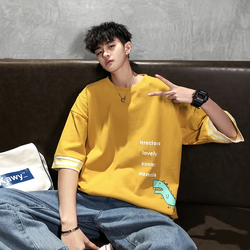 

Men's T-shirt 19 Summer New Youth Popular Loose Round Neck Small Dinosaur Print Pieces Short-sleeved Youth Casual Men's Clothing