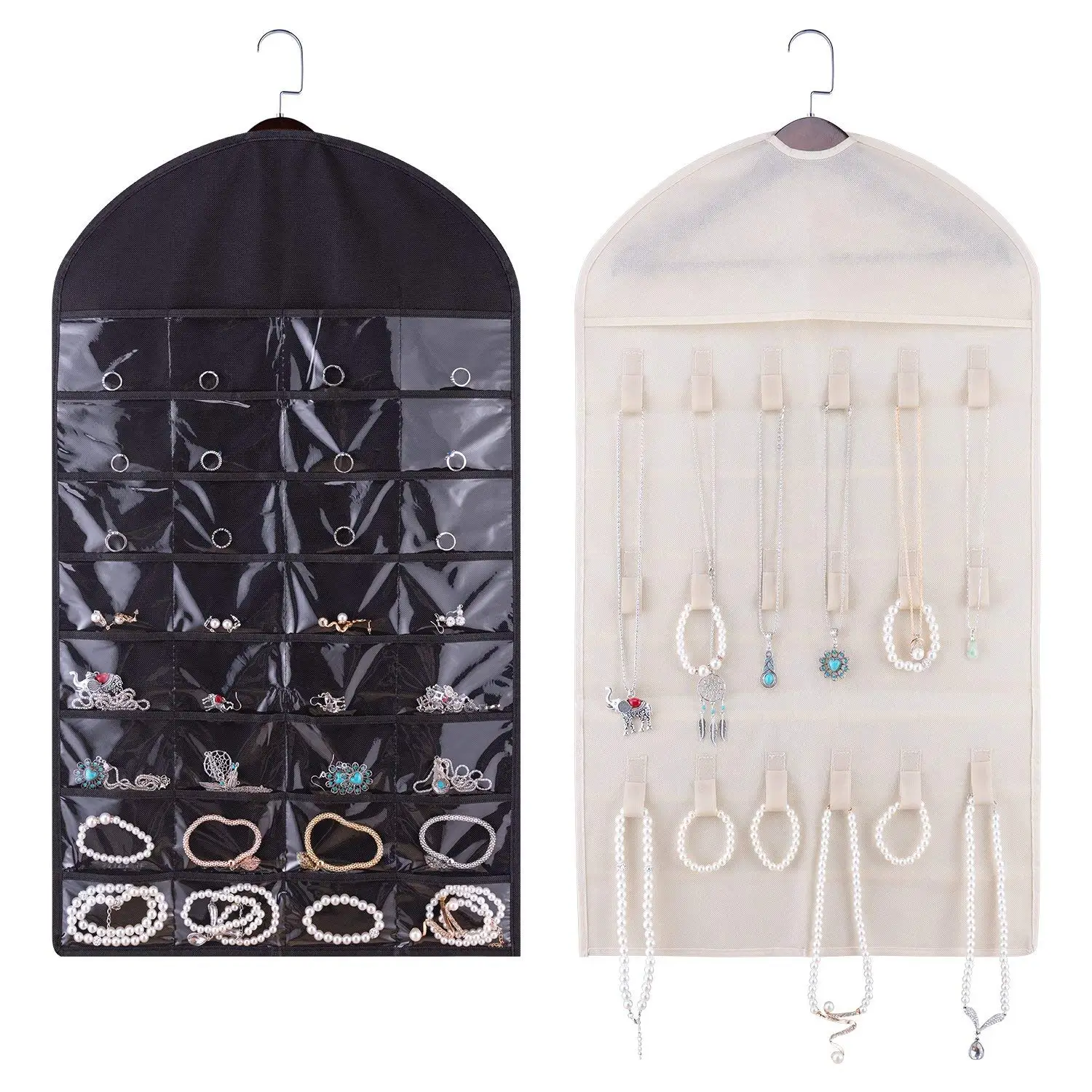 Hanging Jewelry Organizer, 2PCS Double Side 64 Pockets 36 Magic Tape Hook for Holding Jewleries