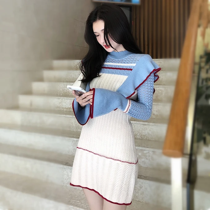 

Hollow Out Sweater Dresses Women Turtleneck Long Sleeve Sheath Ruffles Striped Knit Dress Female Slim Girl Short Dress
