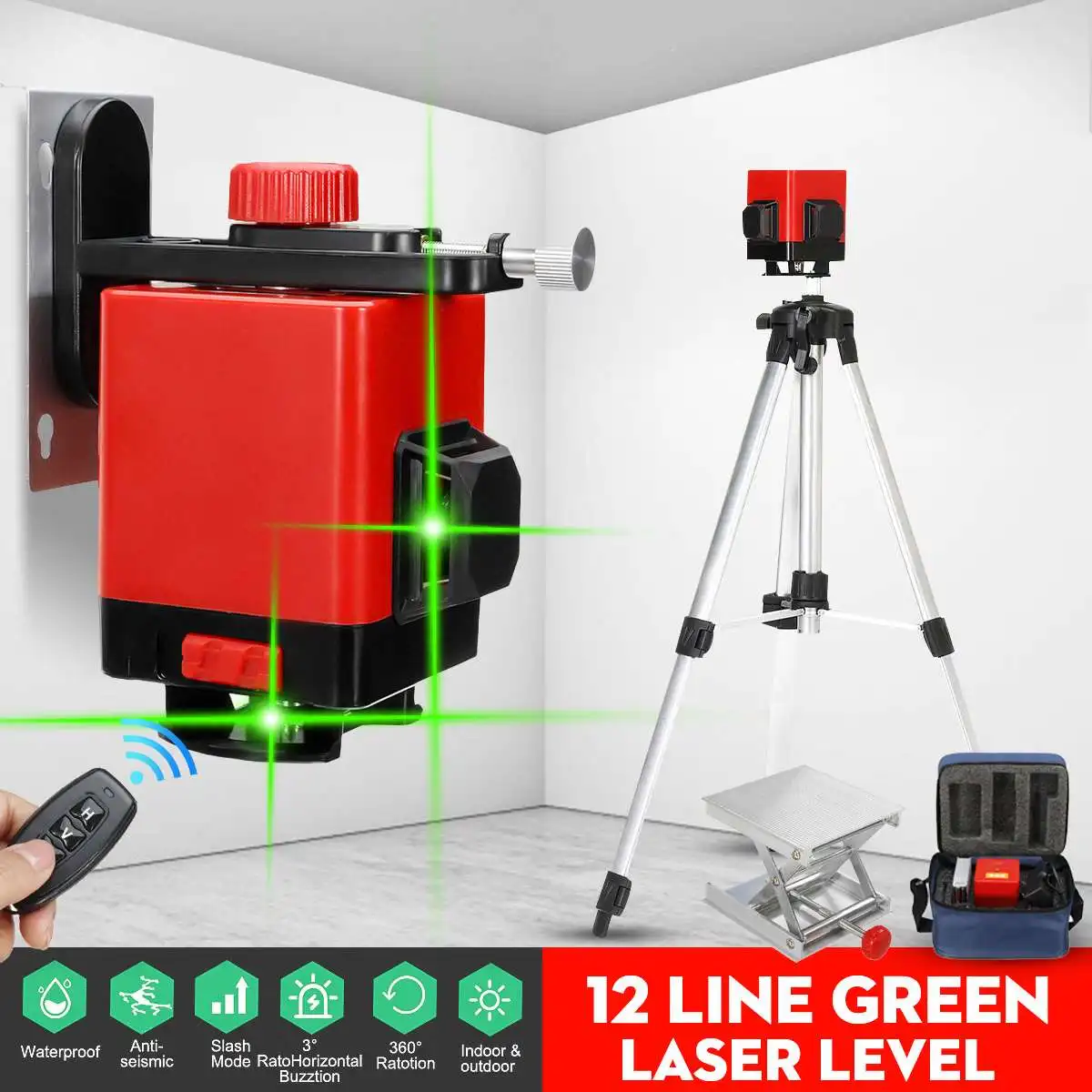

3D 360 12 Line Green Light Laser Level Auto Self Floor Tile Leveling Controller Wall Mounted Bracket Tripod Base Conversion