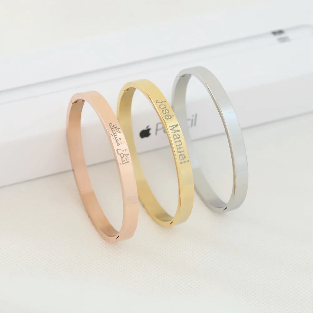 Personalized Gold Bracelets For Women Girl Laser Engraved Name Bangle Stainless Steel Jewelry Gift