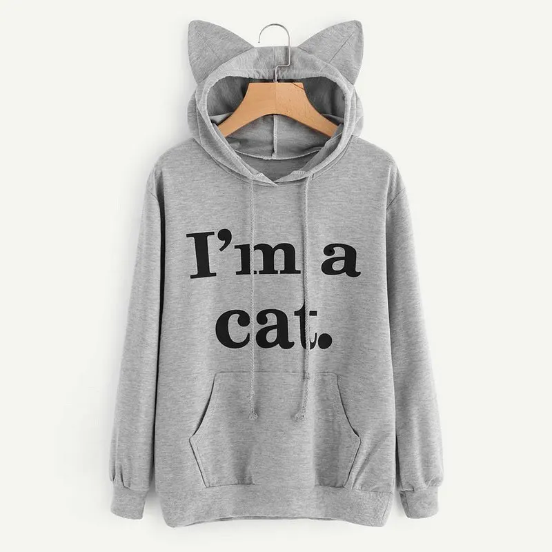  Kawaii Letter Cat Ear Cap Hoodies Women I AM A CAT Print Loose Hooded Sweatshirts 2018 Cute Long Sl