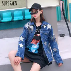 SuperAen 2019 Весна Новый для женщин джинсовая куртка Дикая мода повседневное куртка джинсовая женский Европа с длинным рукавом женская одежда