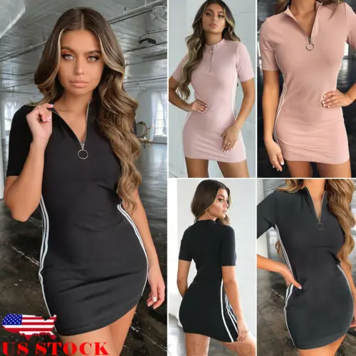 2019 النساء مثير زيبر V الرقبة قصيرة الأكمام Bodycon قميص اللباس عارضة البسيطة فساتين الرياضة اللباس