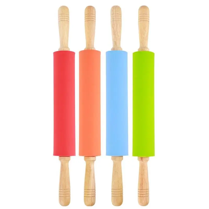 

Wooden Handle Silicone Embossing Rolling Pin Non-Stick Flour Baking Cookies Noodle Biscuit Fondant Cake Pastry Dough Roller Tool