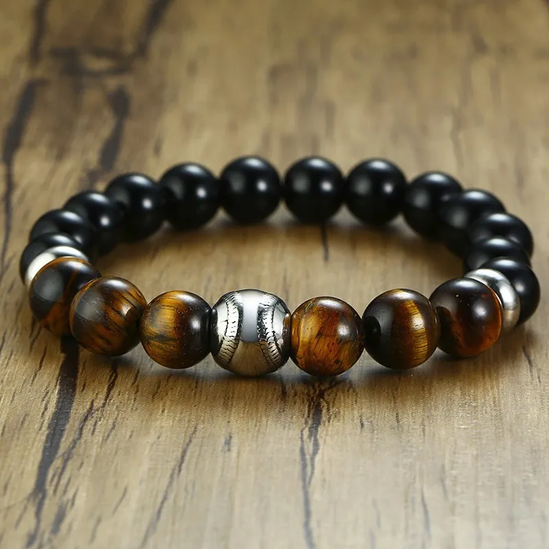 

Steel Baseball Softball with Tiger Eye Stone Black Carnelian Beaded Bracelet for Men Brazalete Stretch Stacking Healing Jewelry