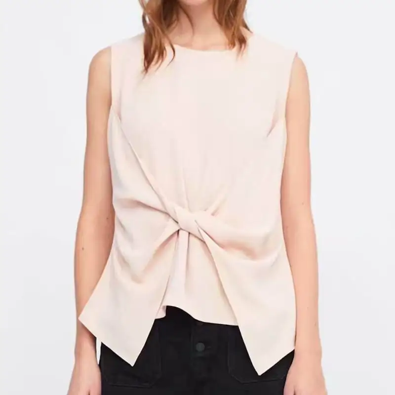 

Women Summer Tops 2019 New Fashion O-Neck Knot Sleeveless Blouse Modern Lady's Casual Clothing Feminino Blusa
