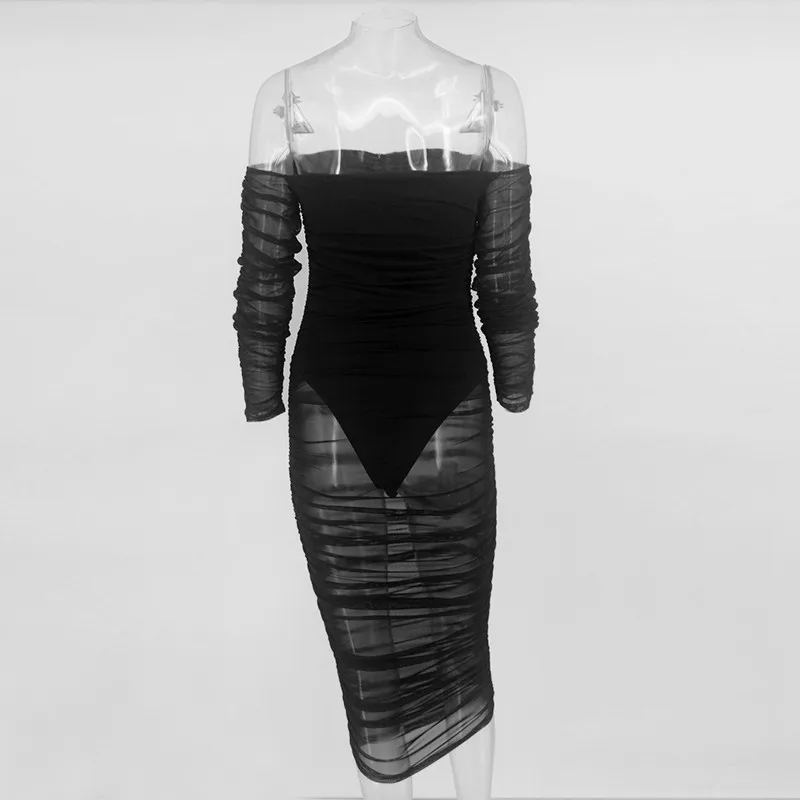 Женское прозрачное Сетчатое платье PFFLOOK длинное с открытыми плечами и оборками