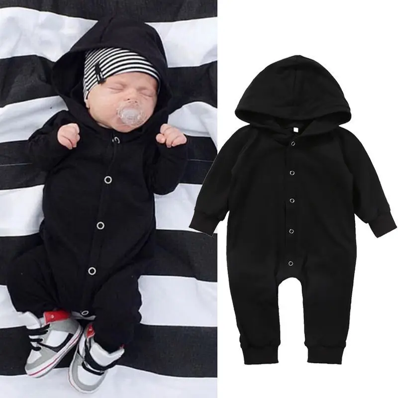 Infant Boy Girl Kids Cotton Hooded Long Sleeve Solid Romper Jumpsuits Clothes