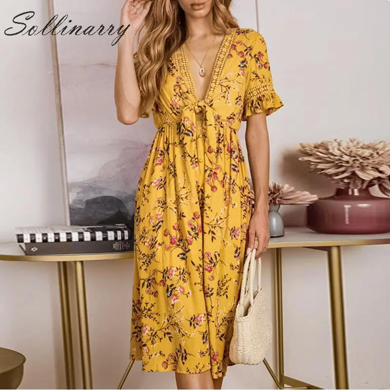 Sollinarry العطل الإناث ميدي اللباس الرجعية أنيقة الأزهار عارضة V الرقبة مثير البوهيمي اللباس النساء بوهو لونغ بيتش اللباس Vestido