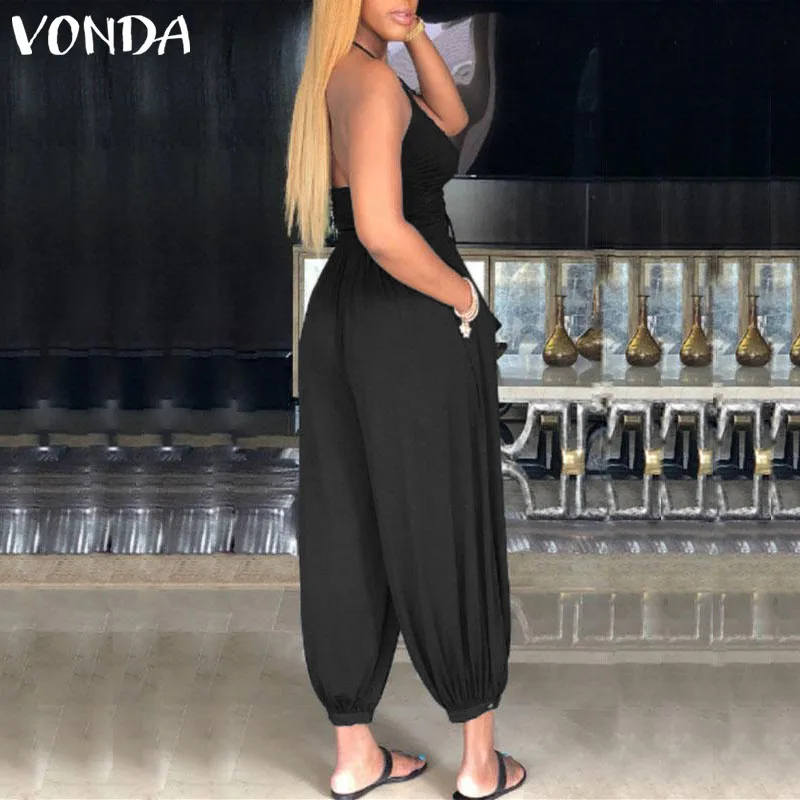 VONDA Rompers Womens Jumpsuit 2019 Sexy Sleeveless Backless Halter Hollow Solid Playsuit Casual Harem Pants Plus Size Overalls VONDA Rompers Womens Jumpsuit 2019 Sexy Sleeveless Backless Halter Hollow Solid Playsuit Casual Harem Pants Plus Size Overalls