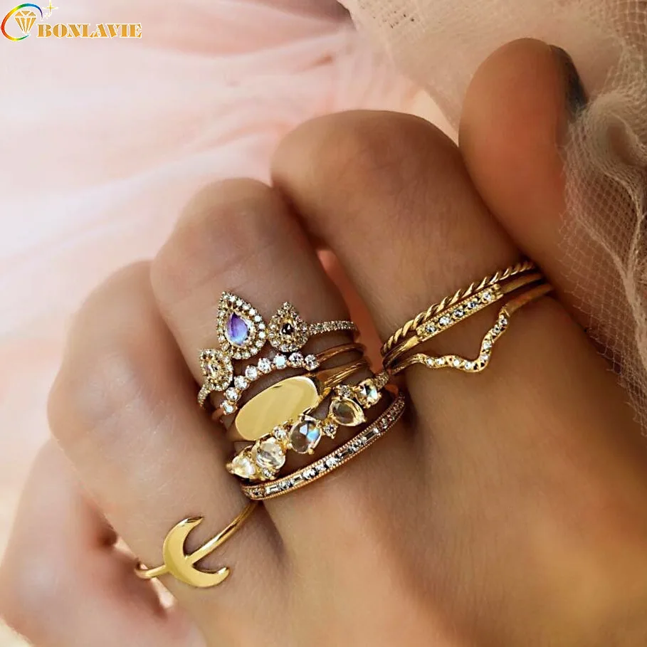 

New Pattern Restore Ancient Ways Golden Women's Moon Jewel Colour 9 Paper Set Group Combine Ring