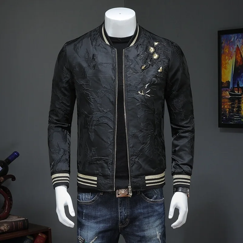 Вышивка черный пиджак Для мужчин модные Повседневное Slim Fit ветровка Стенд