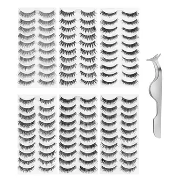 

60 Pairs 3D Handmade Fake Eyelashes Natural Long Thick Daily Reusable Makeup Thick Cross Eyelashes Eye Lashes with Tweezer