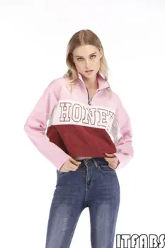 

Ladies Casual Letter Print Coat Outwear Crop Tops Women Autumn Long Sleeve Zipper Pullover Jackets