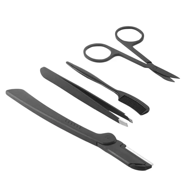 

4PCS Eyebrow Trimmer Eyebrow Stencils Cosmetic Tools Shaving Tweezers Eyes Makeup Set Beauty Essential with Bag