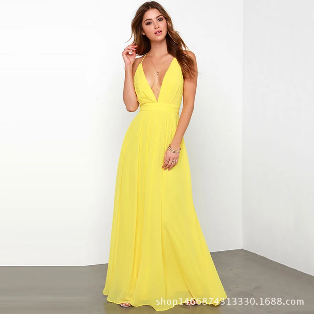 

Fashion Cheap Deep V-neck Backless A-line Yellow Sleeveless Sexy Evening Dresses 2018 New Arrival Evening Prom Gowns For Women