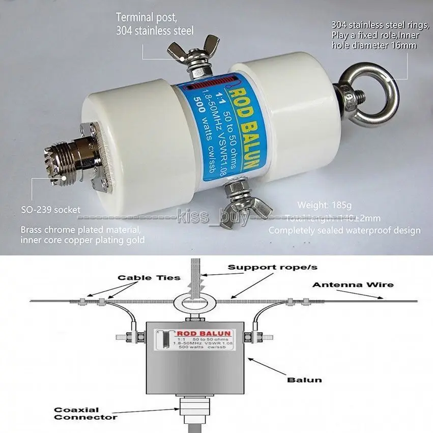 1:1 водонепроницаемый HF балун для 160 m-6 m полос(1,8-50 MHz) 500W для Коротковолновая антенна Balun