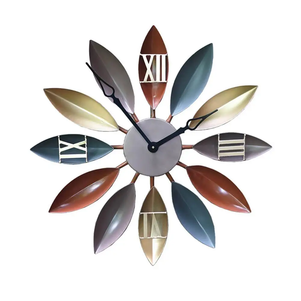 

45cm Simple Retro Big Wall Clocks Wrought Iron Leaf Wall Decor Clocks European Home Creative Living Room 3D Wall Clock