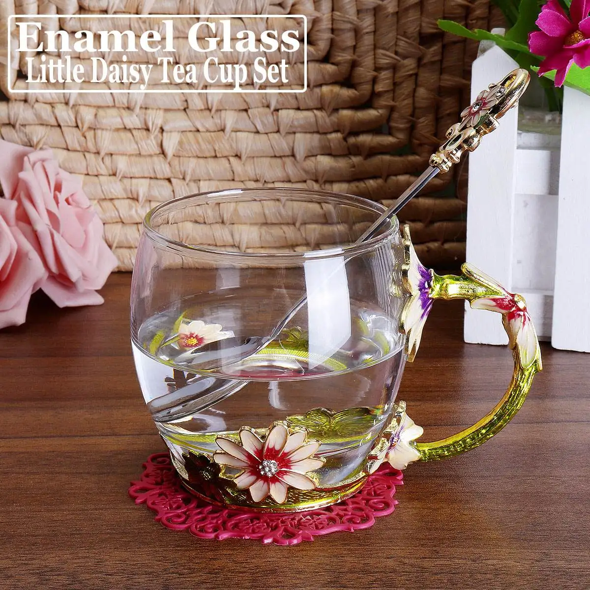 

Novelty Enamel Coffee Cup Mug Flower Tea Glass Cups with Handle for Hot and Cold Drinks with Cap Pad and Wipe Cloth