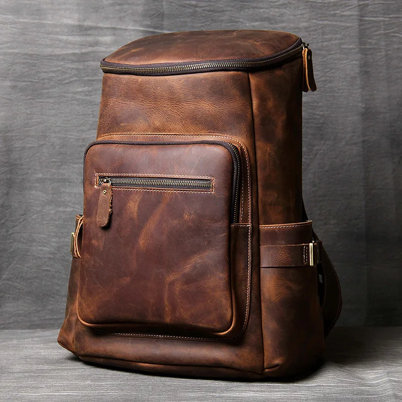 

Men vintage crazy horse leather backpack Unisex cow leather Laptop rucksack Women Thick real leather school bag casual bag