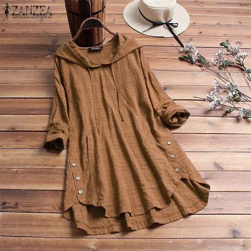 

ZANZEA Plaid Tops Women Long Sleeve Pockets Hooded Blouse Shirt Vintage Ladies Check Blusas Casual Loose Tunic Tops Plus Size