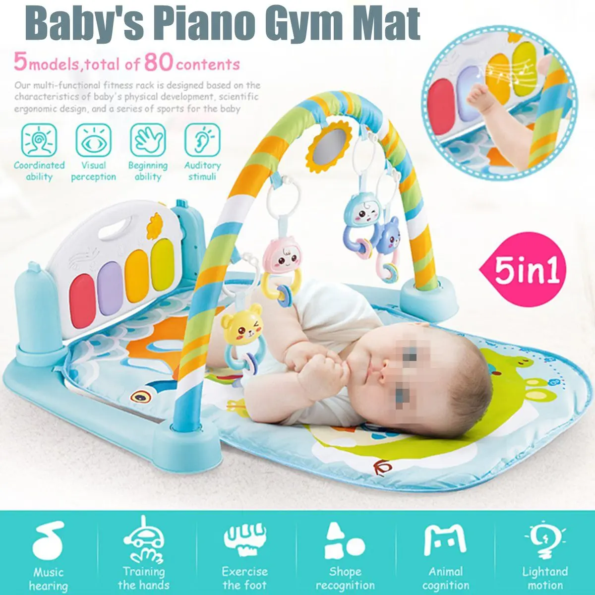 

5-in-1 Baby Infant Gym Playmat Activity Floor Playing Mat Fitness Exercise Carpet Rug Piano Musical Educational Toys Gifts Large