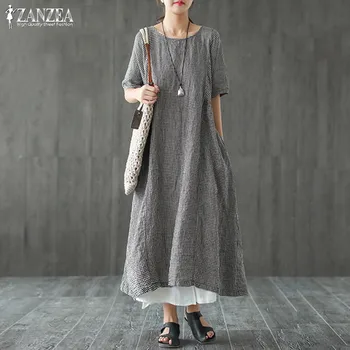 

ZANZEA 2020 Summer Maxi Dress Vintage Women's Dress Sundress Check Maxi Vestidos Kaftan Casual Plaid Party Robe Femme Oversized