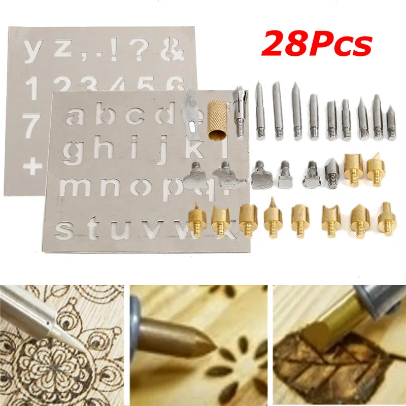 

28pcs Durable Wood Burning Pen Tips Set Soldering Pyrography Solder Nozzles With 2pcs Stencils Kit Tool