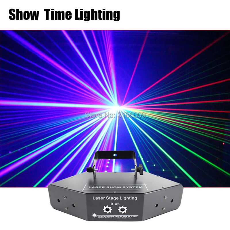 إظهار الوقت 6 عدسة DMX الأحمر الأخضر الأزرق RGB شعاع 16 أنماط ماسحة ضوئية بالليزر ضوء المنزل حزب DJ المرحلة إضاءة KTV تظهر القطاع الليزر