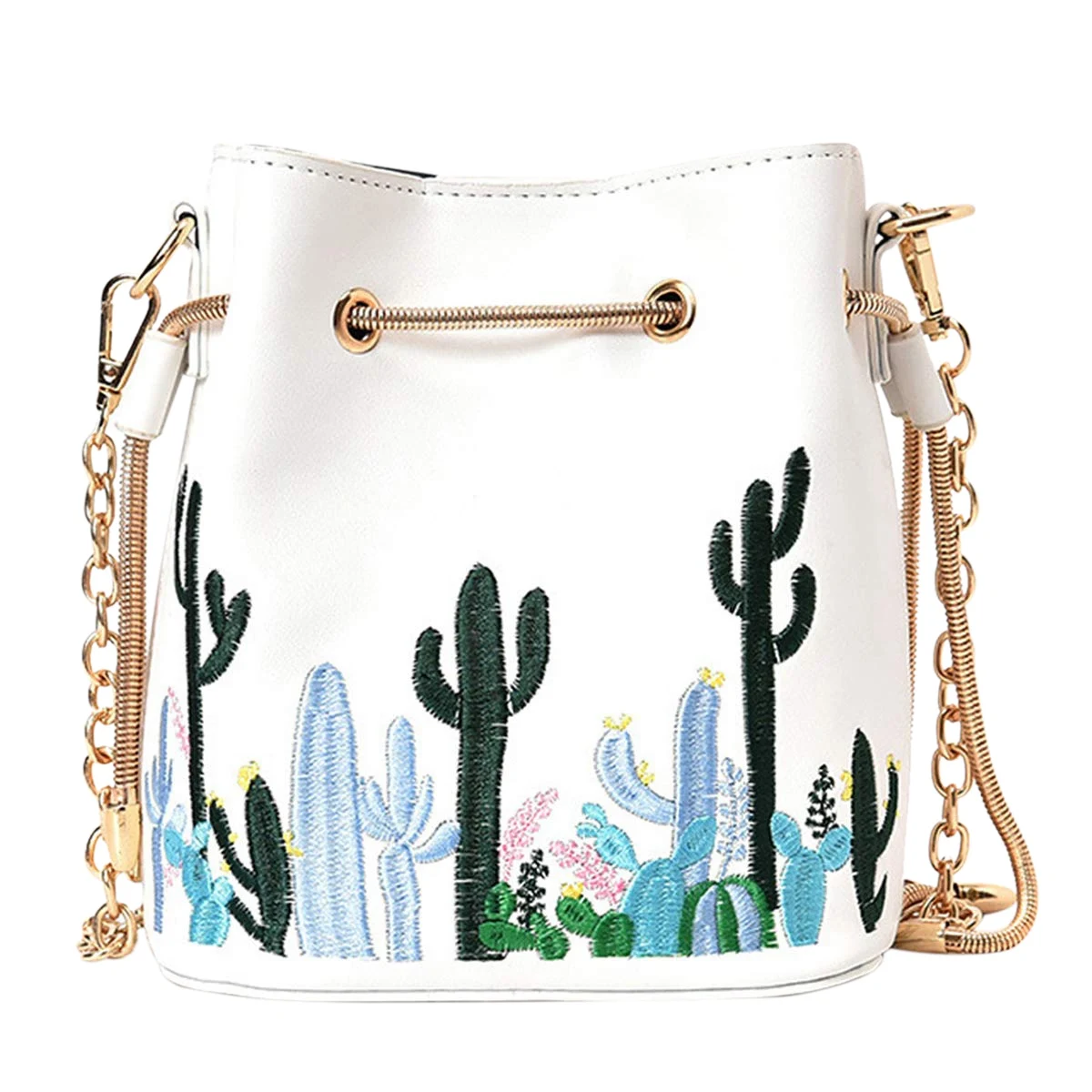 

Womens Mini Bucket Purse Floral Shoulder Bag With Drawstring Chain Cross Body Bag White