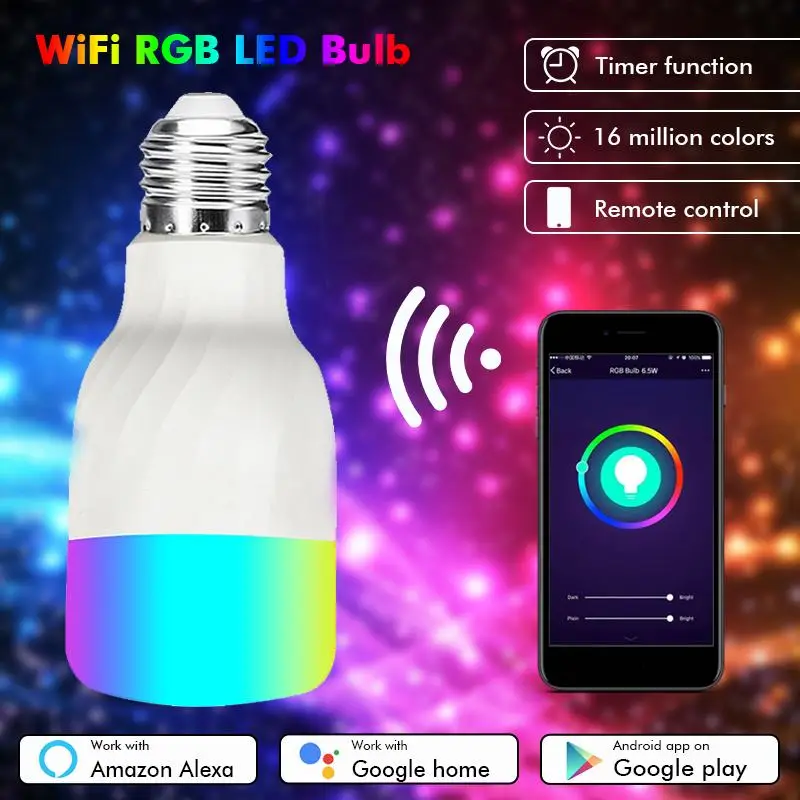 

7W E27/E26/B22 RGB Smart LED RGB Light Bulb WIFI Wireless Dimmable Lamp Voice / Remote Control For Alexa Google Home