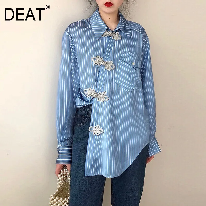 

[DEAT] 2019 New Spring Summer Lapel Long Sleeve Striped Splicde Irregular Buttons Pocket Loose Shirt Women Fashion Tide 10C416