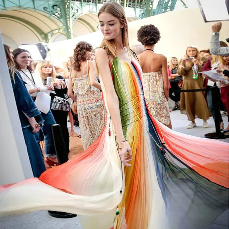 

Summer Boho Sexy Rainbow Striped Spaghetti Strap Women Maxi Dress Runway 2019 Party Beach Female Long Dresses Clothes