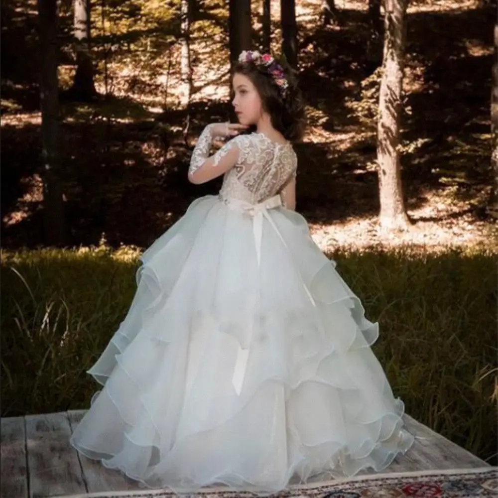 Lovely Long Sleeve Lace Applique Ruffle Flower Girl Dresses Kids