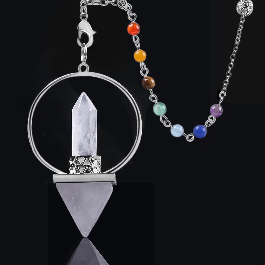 

Reiki Healing 7 Chakra Natural Stone Pendulum for Dowsing Hexagonal Prism Pyramid White Pink Crystal Obsidian Pendants F057