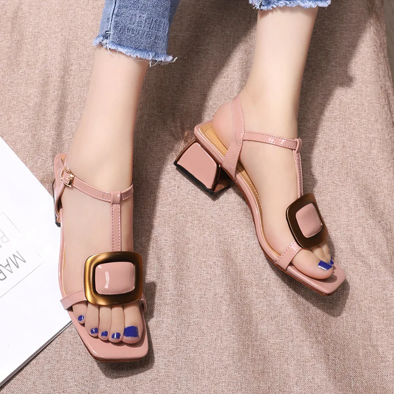 

2019 summer new sexy thick with open toe metal square button apricot pink female sandals elegant ladies low heel sandals