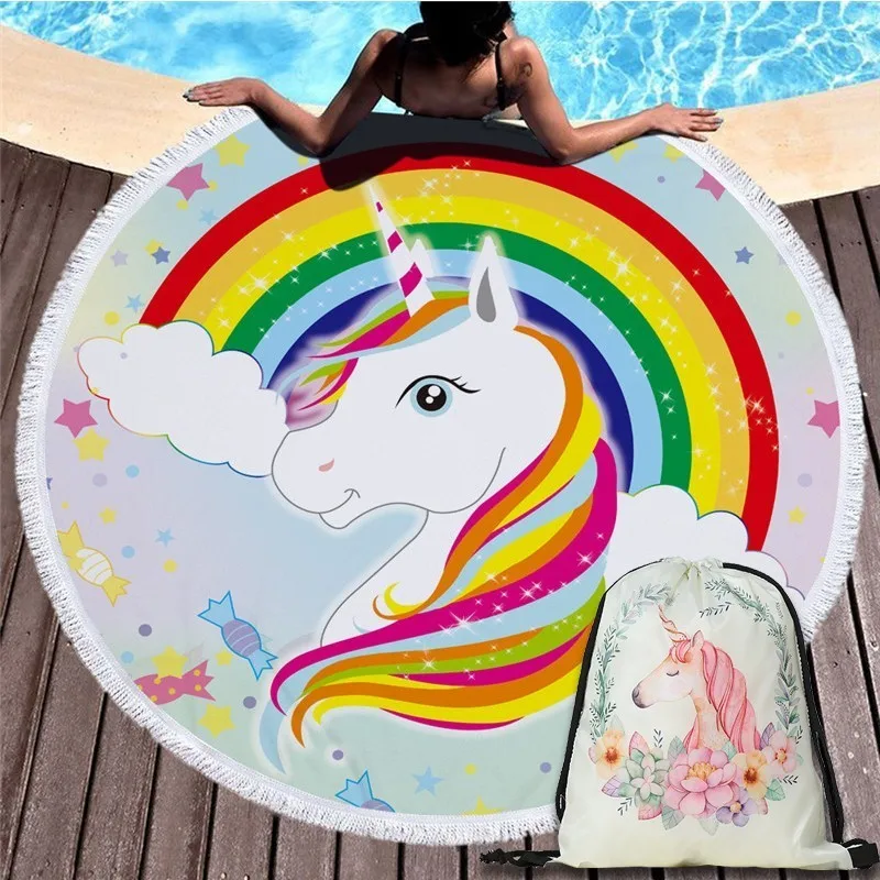 

Fashion Unicorn Style Beach Towel with Bundle Pocket Set Portable Swimming Bath Drawstring Bag Sport Yoga Blanket