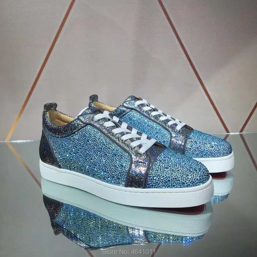 

Lace Up cl andgz leather Red bottoms Low Cut Sneaker shoes For Men Blue spikes Colored rhinestones casual models Flat Loafers