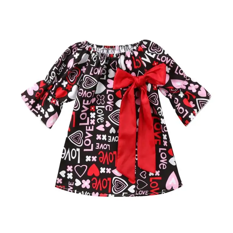 

Valentine Day Girls Dress Kids Dresses For Girls Heart Printed Bow Half Sleeve Princess Dress Party Children Kids Clothing