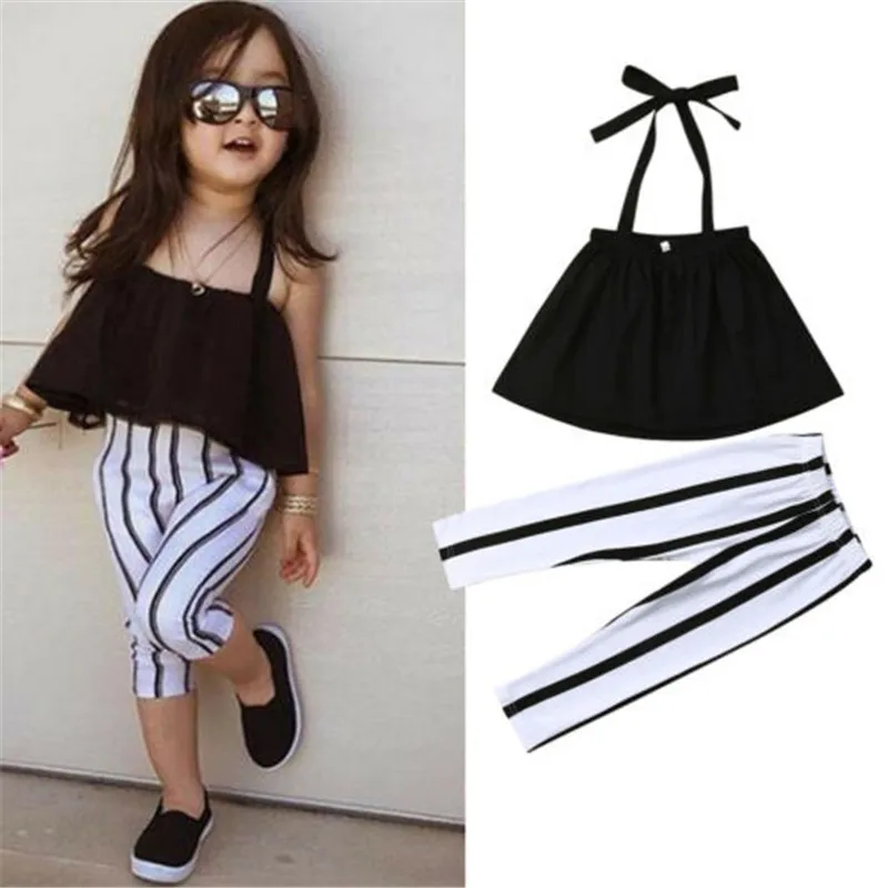 Off Shoulder Crop Top And Elastic Waist Pants Clothing Set For Toddler Girls New
