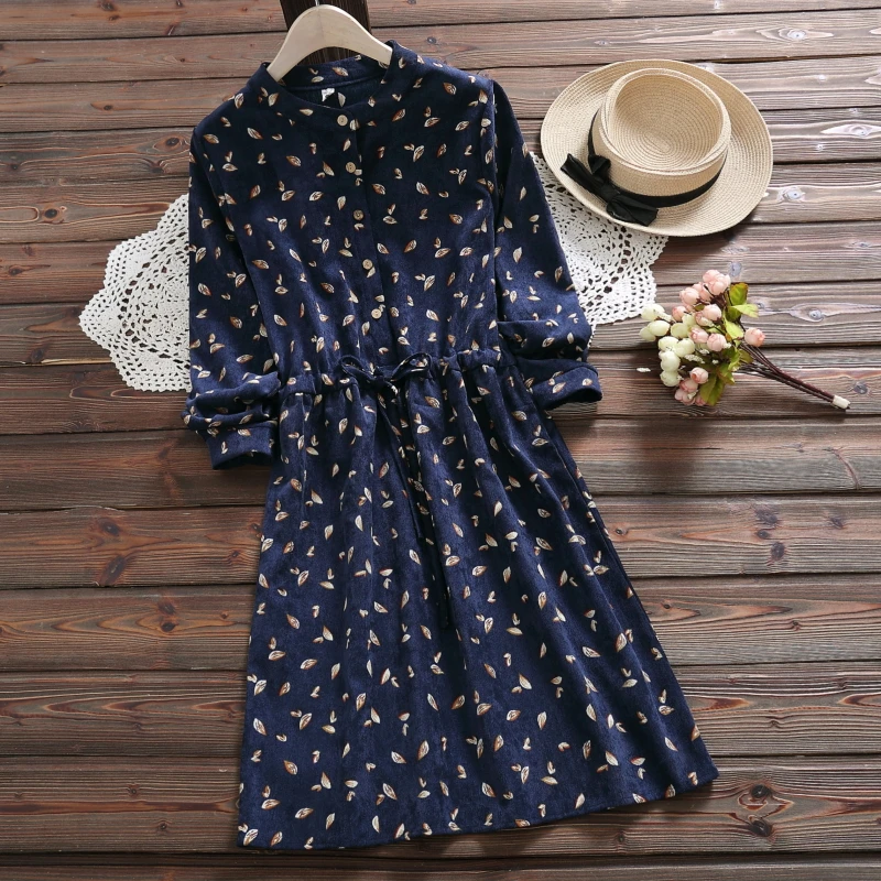

Autumn winter women print corduroy dress high quality long sleeve vintage a-line dress