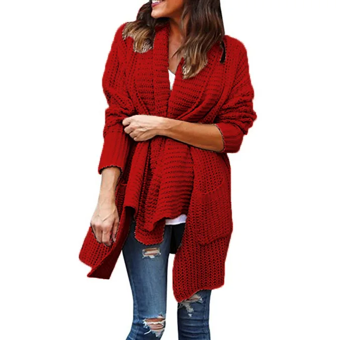 Women Cardigan Double Pocket Irregular Lapel Loose Sweaters Solid Color ...
