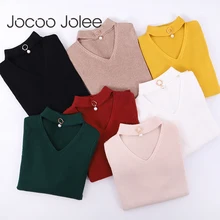 Jocoo Jolee 2018 Beading Halter Long Sleeve Knitted Sweater Women Tops Autumn Whiter V Neck  Pullover Casual Jumper Pull femme