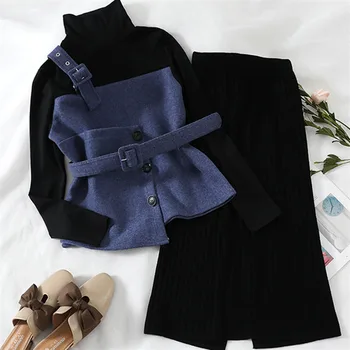 

Two Pieces women Sashes Turtle Neck Knitted Top +Skirt Elatic Waist Split 2019 Spring Autumn Casual Fashion 2 piece set Suit