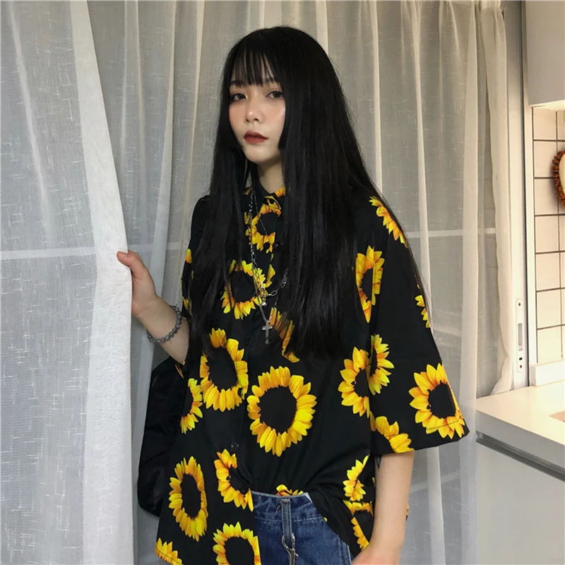 

Lychee Girls Harajuku Hit Color Loose Sunflower Print Female Blouse Turn-down Collar Summer Spring Loose Women Shirts Blouse