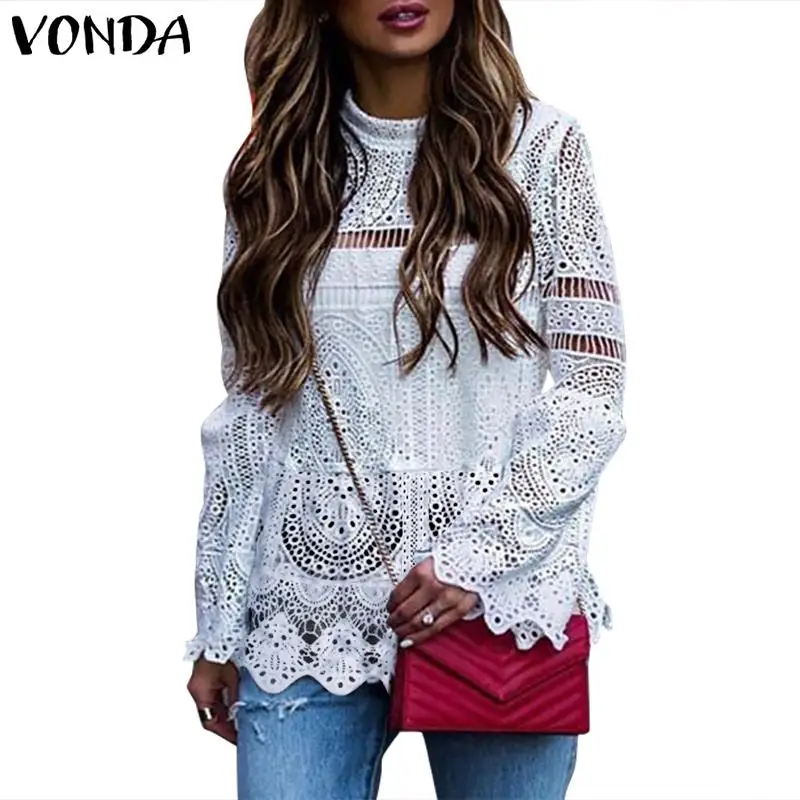  VONDA 2019 Women Sexy Hollow Top Blouse Female Casual Long Sleeve Irregular Hem Patry Blusas Beach 